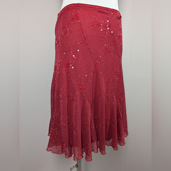Y2K Red Sheer Layered Sequin Midi Skirt Low Rise Boho Mesh Size M - Picture 2 of 7
